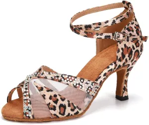 HIPPOSEUS Women's Rhinestones Latin Dance Shoes Satin Ballroom Salsa Net Yarn Dancing Shoes
