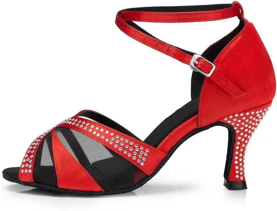 HIPPOSEUS Women's Rhinestones Latin Dance Shoes Satin Ballroom Salsa Net Yarn Dancing Shoes