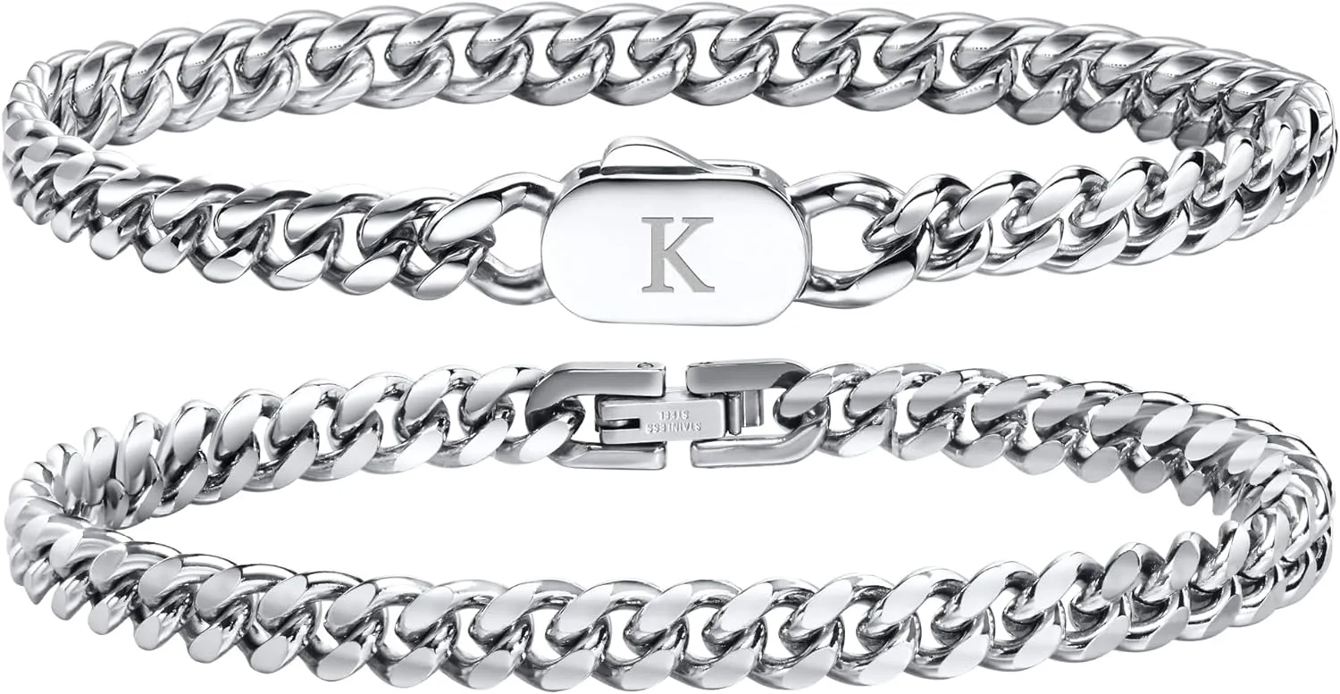 Hisatan Initial Bracelets for Men, 2 Pcs A-Z Letter Bracelet Silver Mens Bracelet with Initial, Stainless Steel Stylish Non Tarnish Cuban Link Bracelet for Men Jewelry Gifts