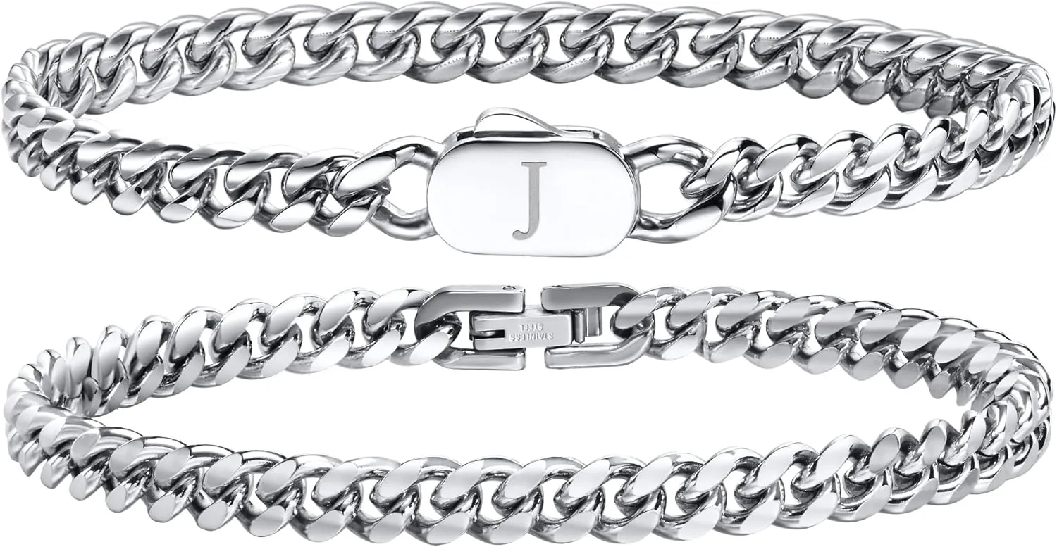 Hisatan Initial Bracelets for Men, 2 Pcs A-Z Letter Bracelet Silver Mens Bracelet with Initial, Stainless Steel Stylish Non Tarnish Cuban Link Bracelet for Men Jewelry Gifts