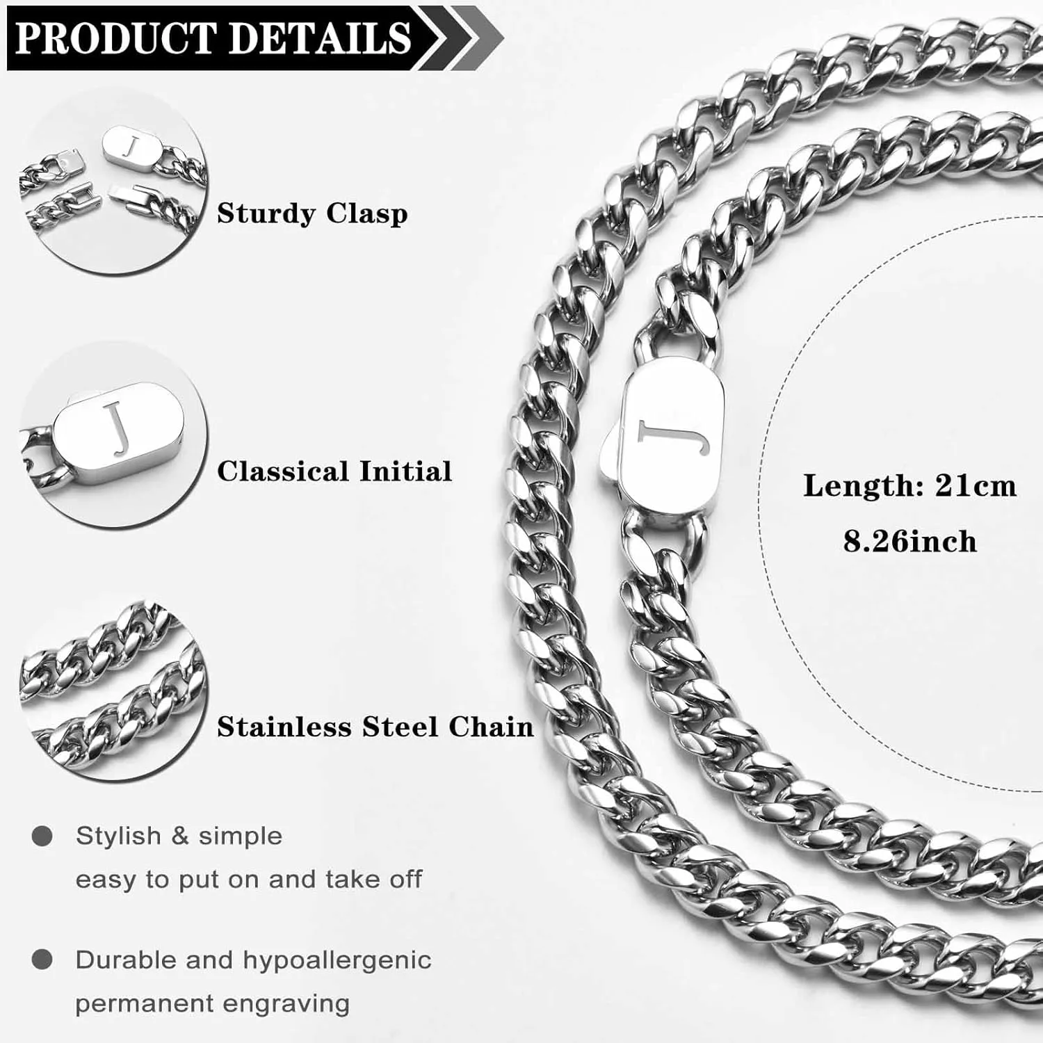 Hisatan Initial Bracelets for Men, 2 Pcs A-Z Letter Bracelet Silver Mens Bracelet with Initial, Stainless Steel Stylish Non Tarnish Cuban Link Bracelet for Men Jewelry Gifts
