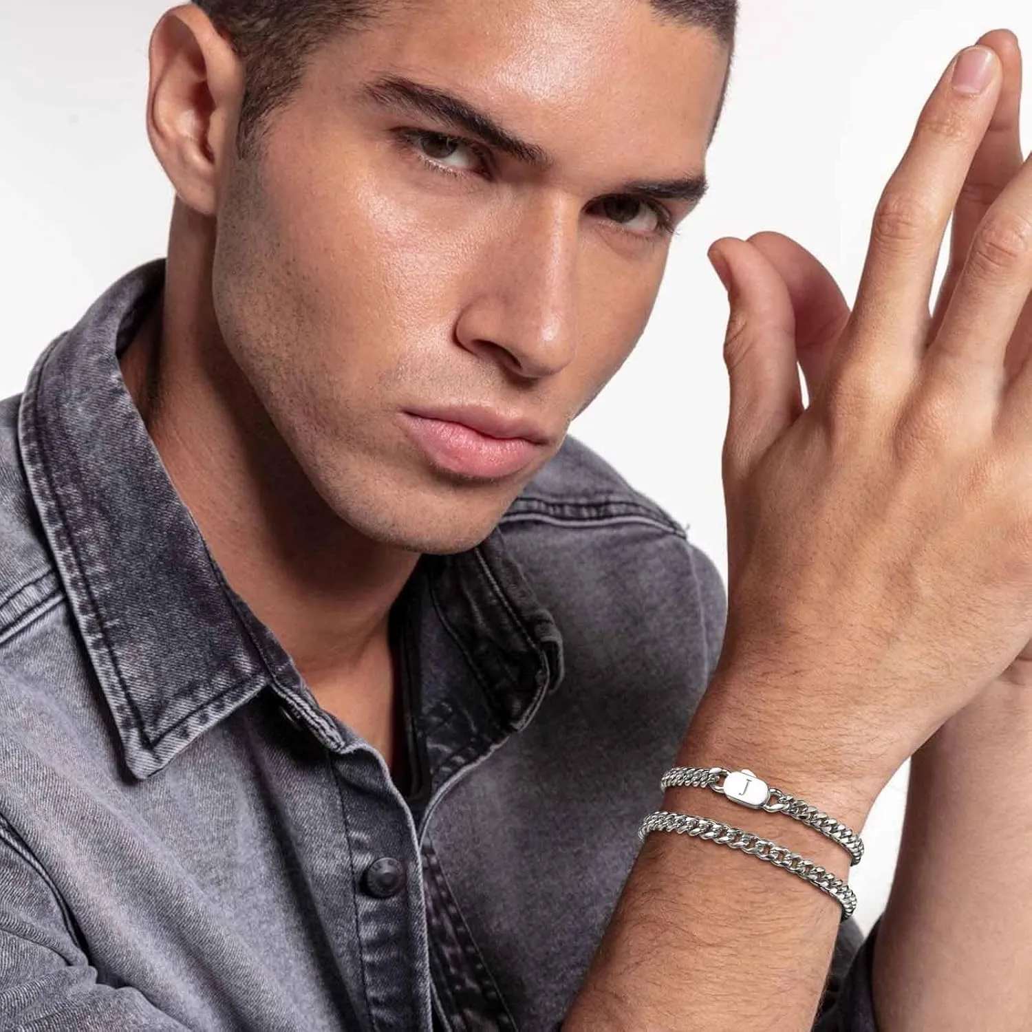 Hisatan Initial Bracelets for Men, 2 Pcs A-Z Letter Bracelet Silver Mens Bracelet with Initial, Stainless Steel Stylish Non Tarnish Cuban Link Bracelet for Men Jewelry Gifts