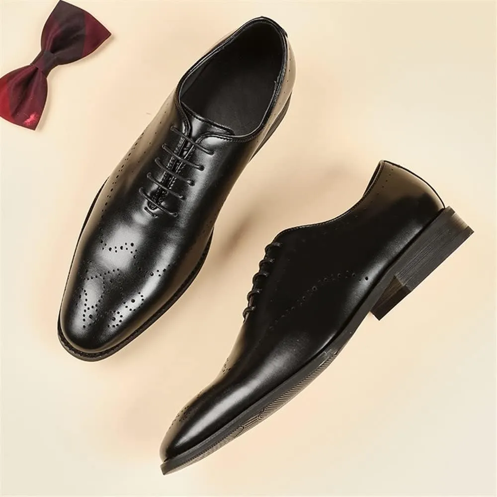 HOOENG Dress Shoes for Men Lace Up Burnished Plain Toe Brogue Embossed Leather Slip Resistant Rubber Sole Block Heel Prom