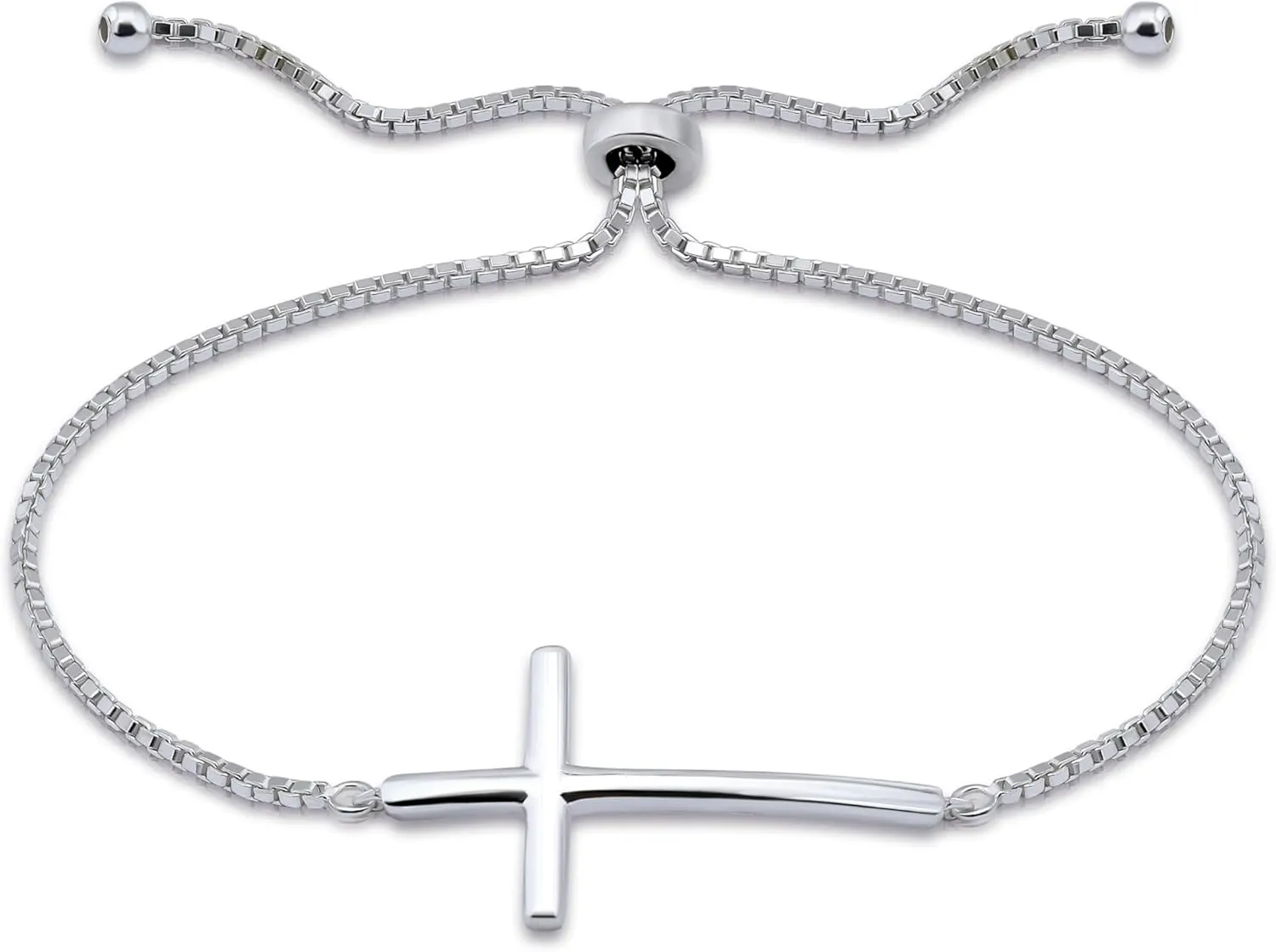 Hoops & Loops 925 Sterling Silver Sideways Cross Pullstring Adjustable Bracelets for Women & Men, Fashion Minimal Religious Christian Cross Jewelry