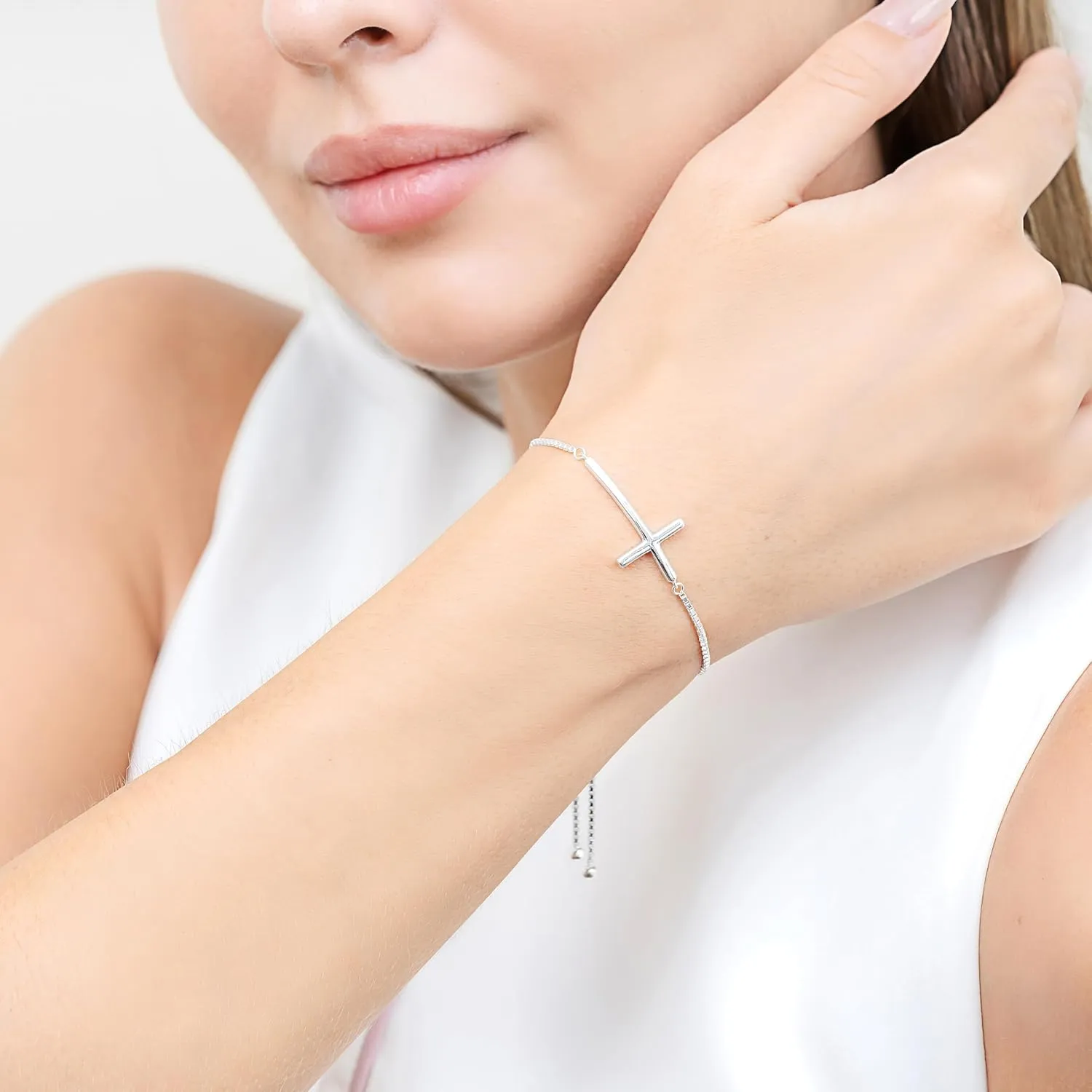 Hoops & Loops 925 Sterling Silver Sideways Cross Pullstring Adjustable Bracelets for Women & Men, Fashion Minimal Religious Christian Cross Jewelry