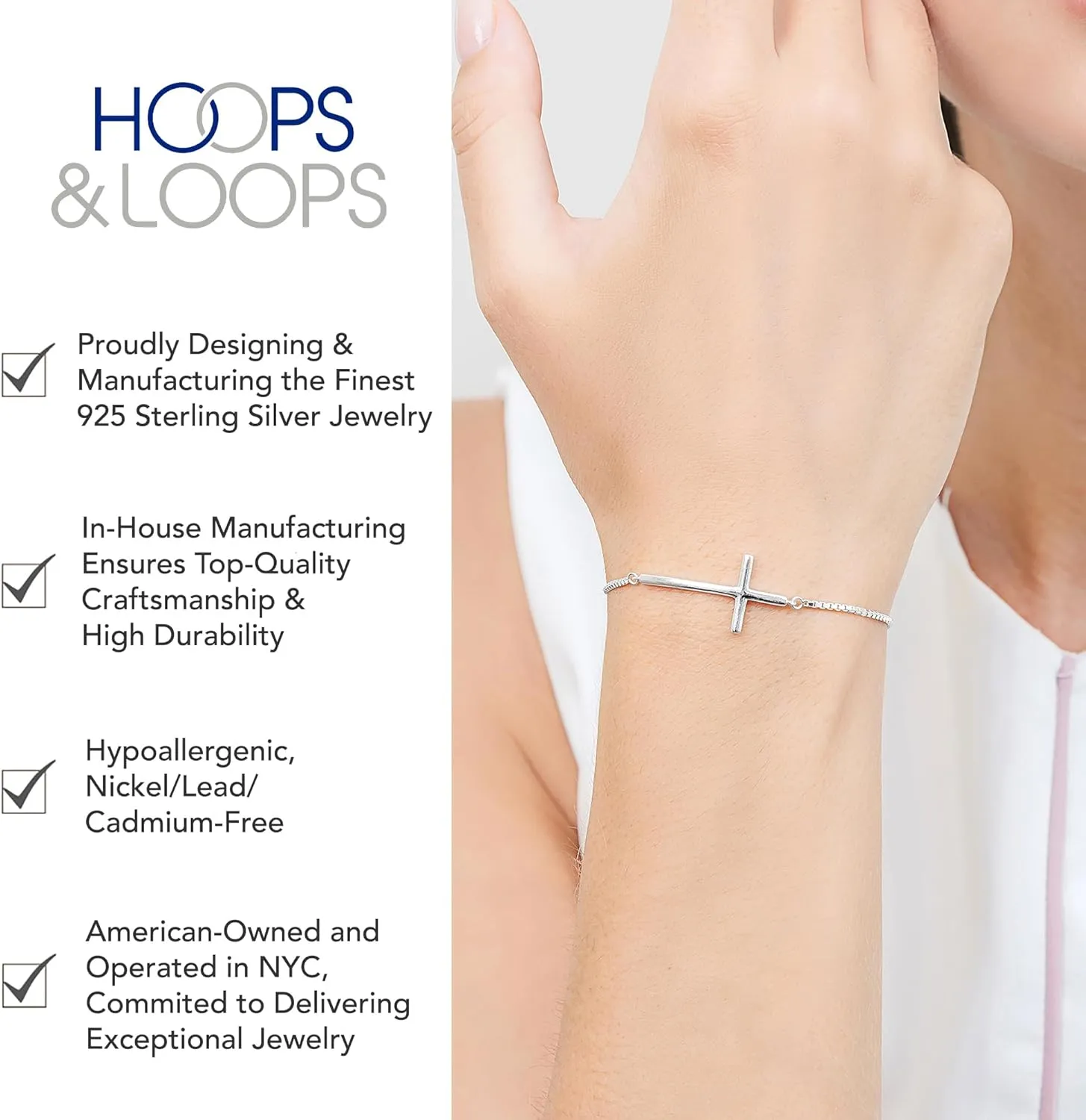 Hoops & Loops 925 Sterling Silver Sideways Cross Pullstring Adjustable Bracelets for Women & Men, Fashion Minimal Religious Christian Cross Jewelry
