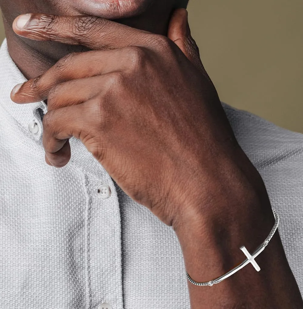 Hoops & Loops 925 Sterling Silver Sideways Cross Pullstring Adjustable Bracelets for Women & Men, Fashion Minimal Religious Christian Cross Jewelry