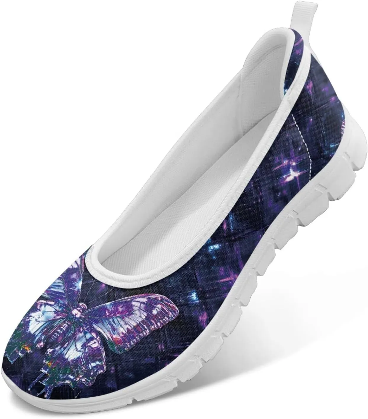 Howilath Butterfly Print Women Mesh Flats Shoes Slip on Walking Shoes Non-Slip Shoes Breathable Loafers Shoes