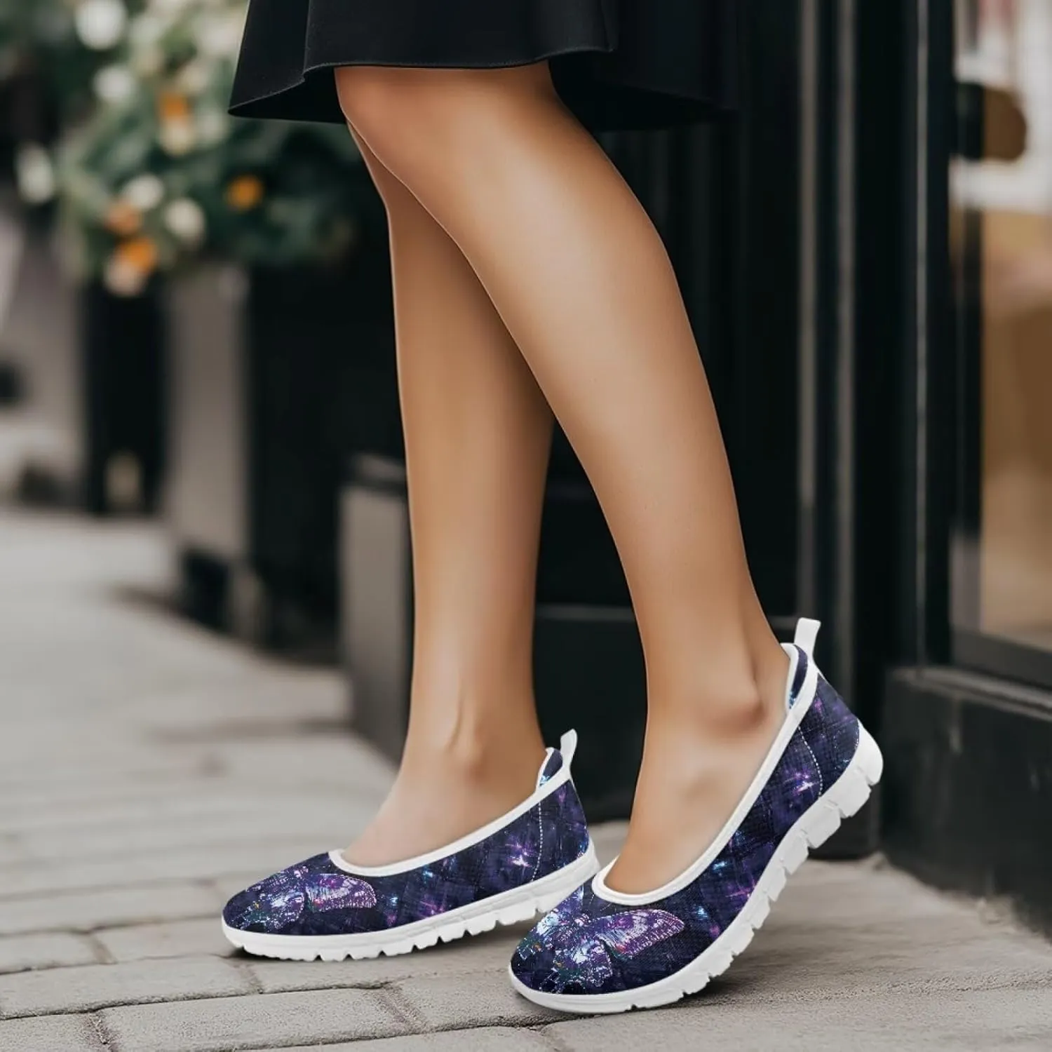 Howilath Butterfly Print Women Mesh Flats Shoes Slip on Walking Shoes Non-Slip Shoes Breathable Loafers Shoes