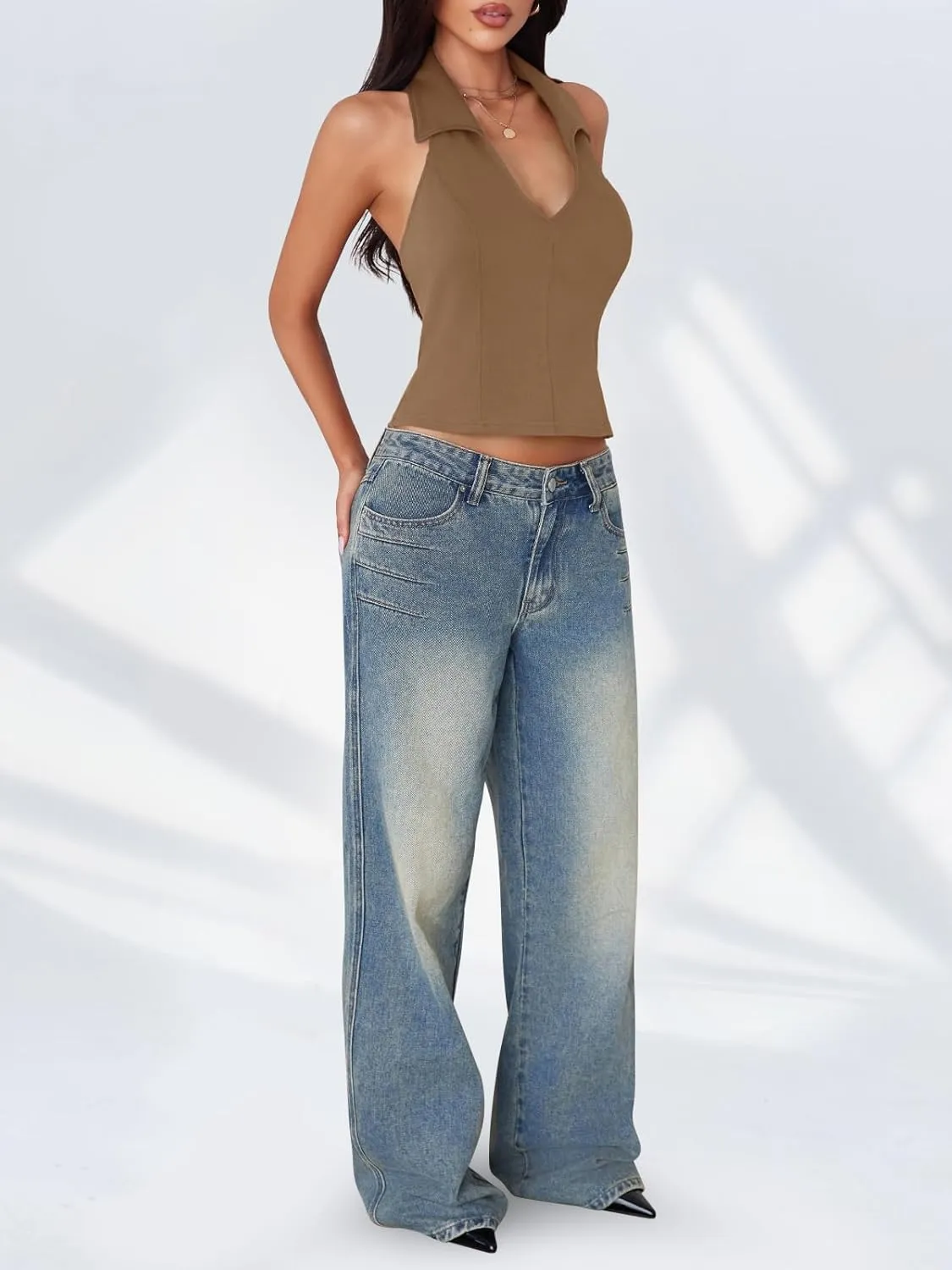 Imily Bela Women's Halter Blackless Crop Tops Going Out Deep V Neck Sexy Tank Top Summer Slim Fit Sleeveless Tops