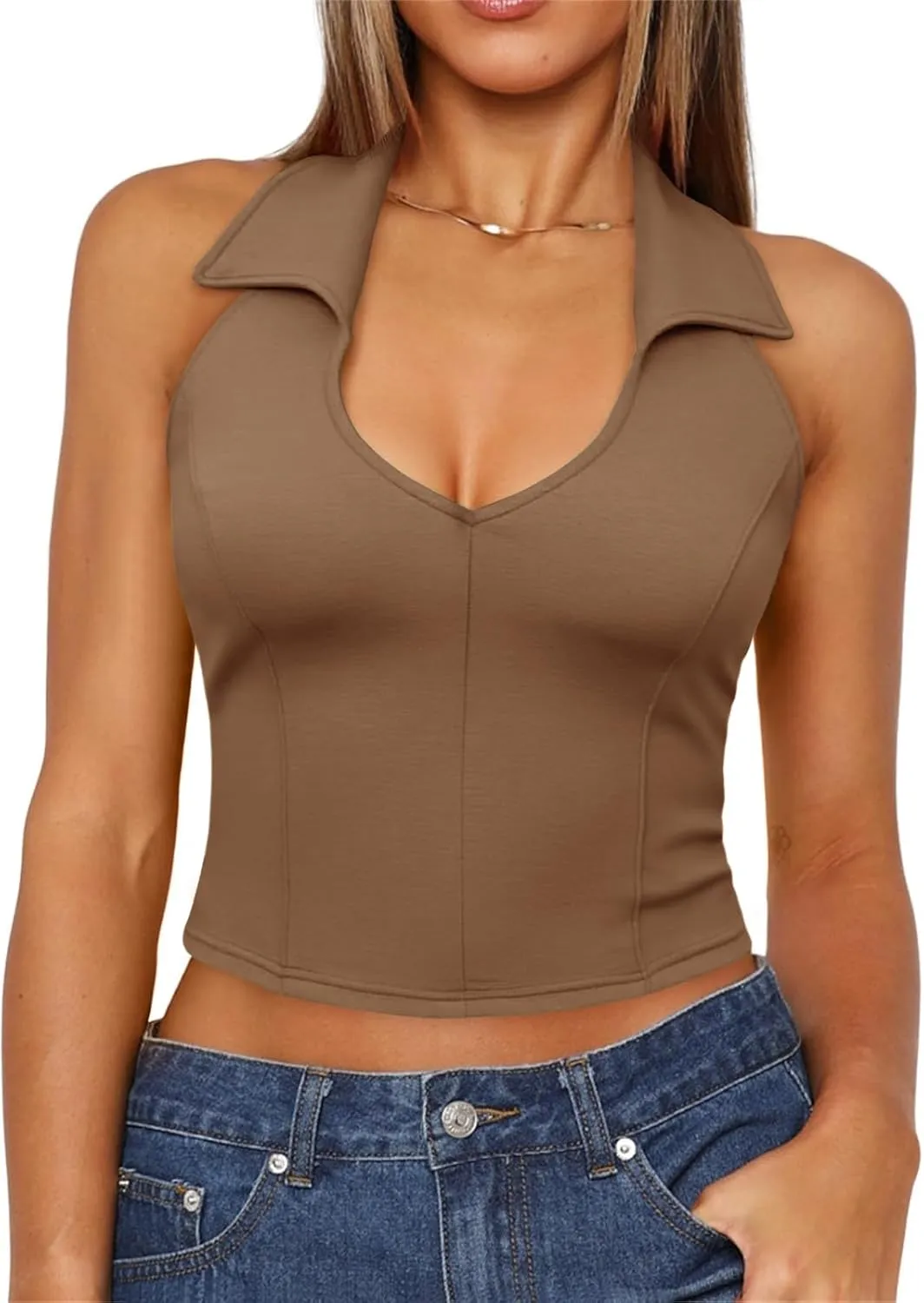 Imily Bela Women's Halter Blackless Crop Tops Going Out Deep V Neck Sexy Tank Top Summer Slim Fit Sleeveless Tops