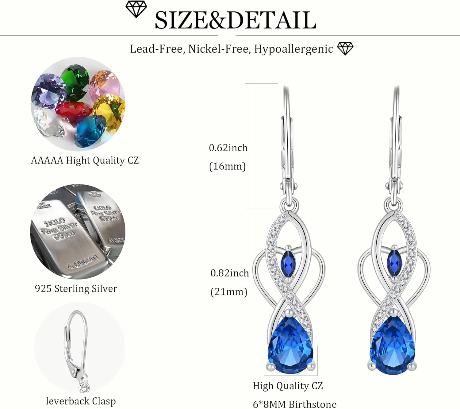 Infinity 925 Sterling Silver Dangle Drop Earrings for Women,Celtic Knot 6 * 8mm Birthstone Earrings Hypoallergenic Jewelry for Women Her