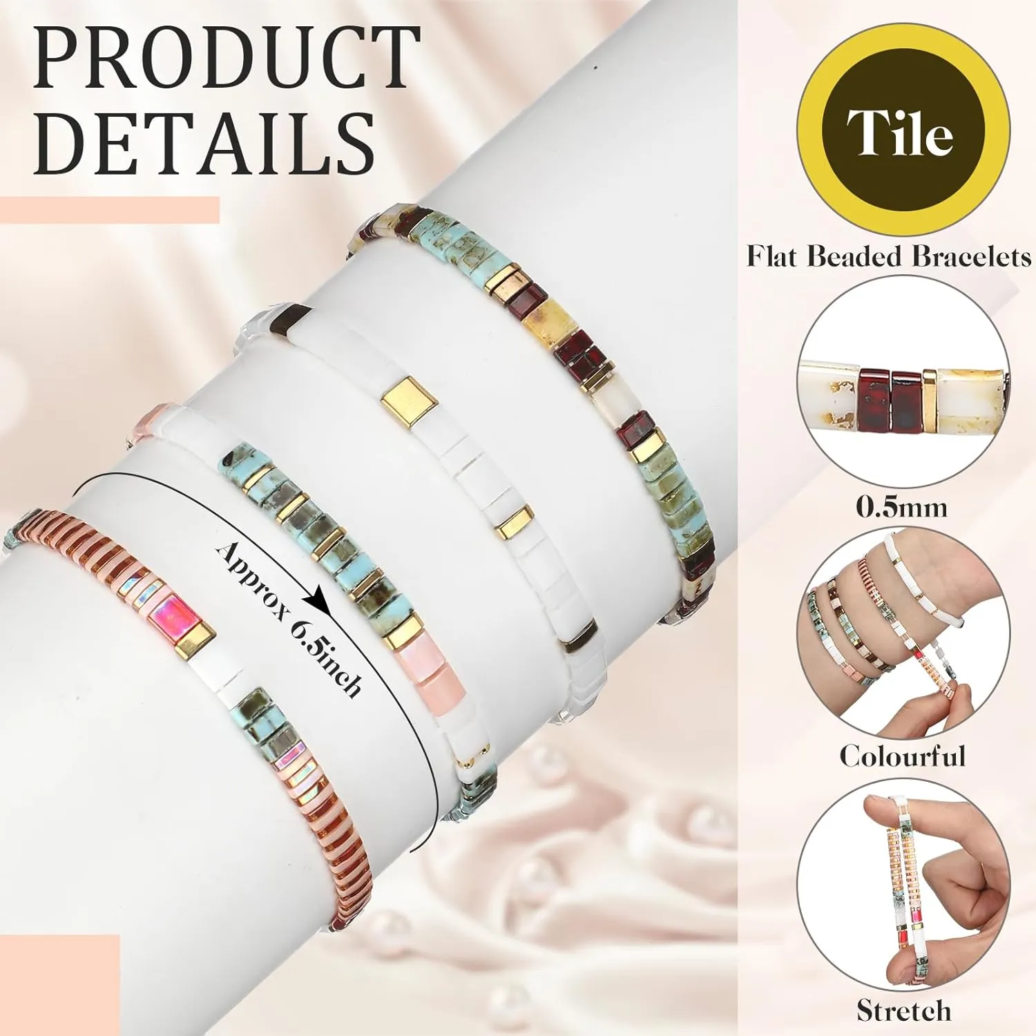 Jadive 4 Pcs Tila Flat Beaded Stretch Bracelets for Women Bohemian Friendship Bead Bracelets Glass Cute Boho Style Square Beaded Decorations for Jewelry Friend Gifts
