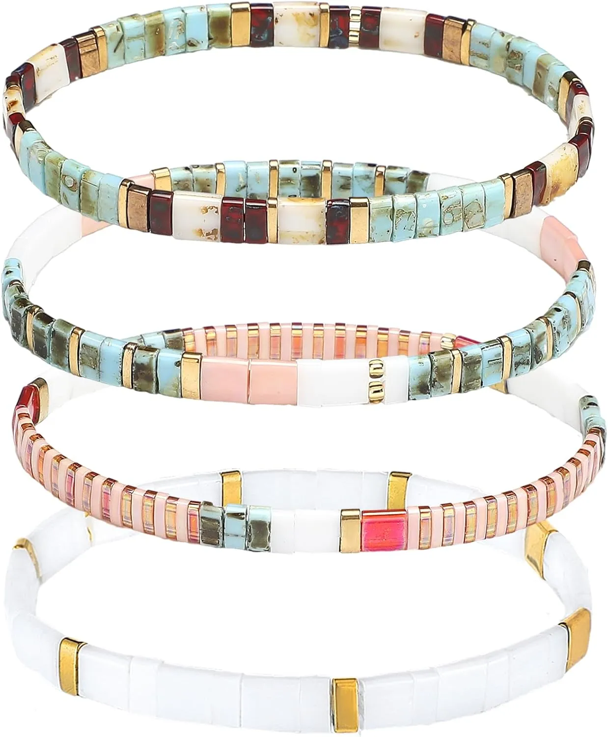Jadive 4 Pcs Tila Flat Beaded Stretch Bracelets for Women Bohemian Friendship Bead Bracelets Glass Cute Boho Style Square Beaded Decorations for Jewelry Friend Gifts