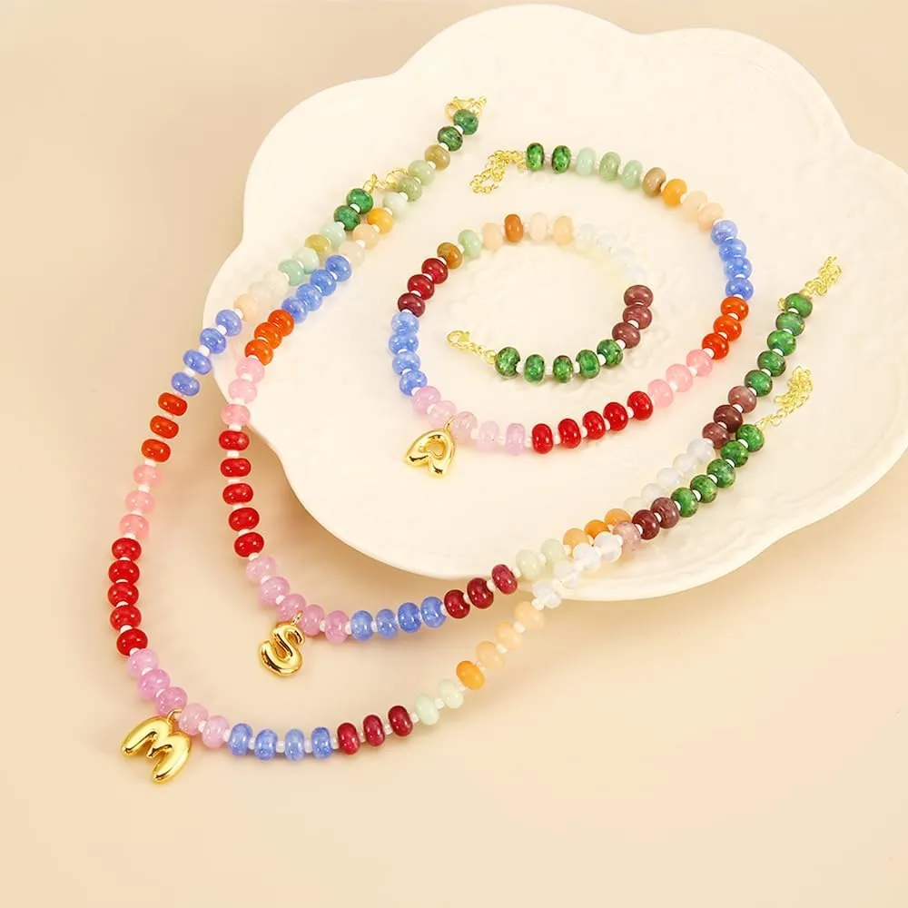 J&C DIY IMAGE Bubble Letter Pendant Charm Necklace for Womens, Handmade Trendy Initial Necklaces Choker,14K Gold Colorful Natural Stone Beaded Necklace, Perfect Christmas Jewelry Gift for Lover.