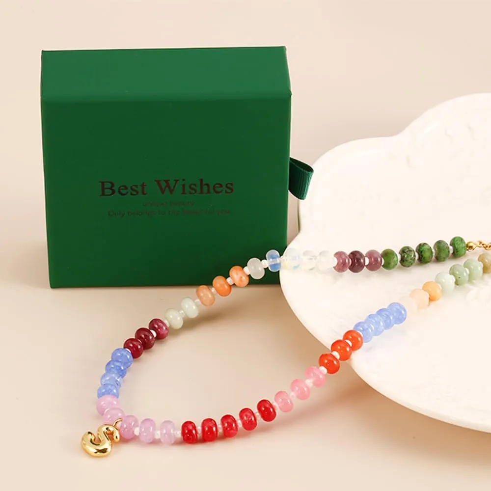 J&C DIY IMAGE Bubble Letter Pendant Charm Necklace for Womens, Handmade Trendy Initial Necklaces Choker,14K Gold Colorful Natural Stone Beaded Necklace, Perfect Christmas Jewelry Gift for Lover.
