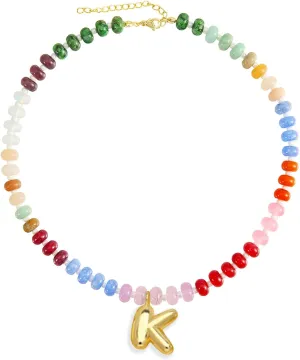 J&C DIY IMAGE Bubble Letter Pendant Charm Necklace for Womens, Handmade Trendy Initial Necklaces Choker,14K Gold Colorful Natural Stone Beaded Necklace, Perfect Christmas Jewelry Gift for Lover.