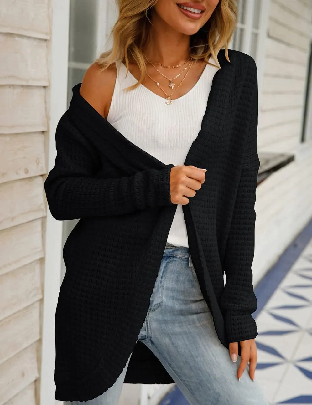 JASTIE Women's Open Front Cardigans Chunky Knit Lightweight Sweaters Long Sleeve Casual Solid Outwear