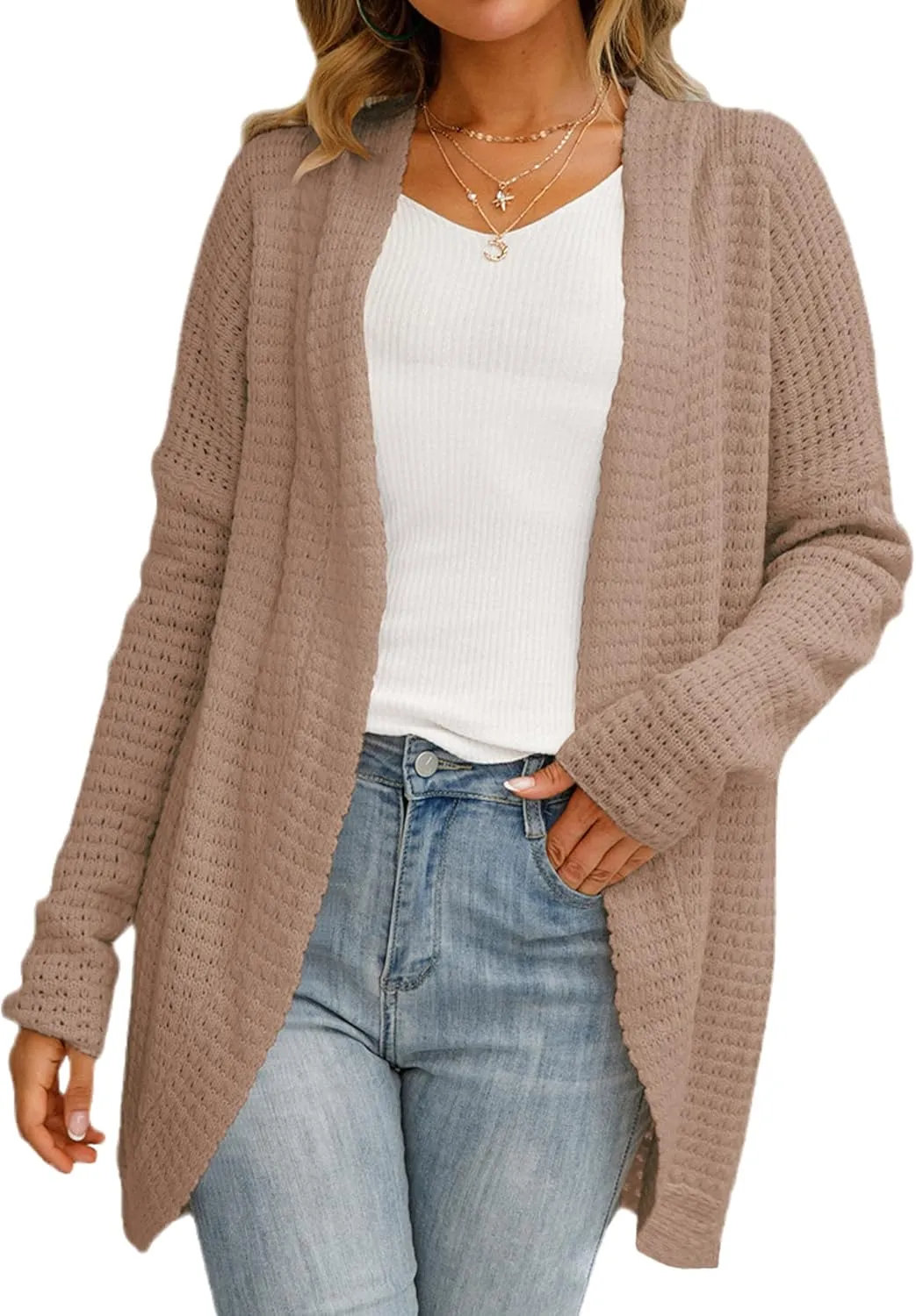 JASTIE Women's Open Front Cardigans Chunky Knit Lightweight Sweaters Long Sleeve Casual Solid Outwear