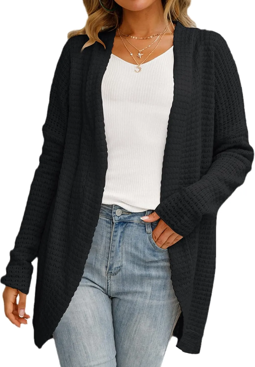 JASTIE Women's Open Front Cardigans Chunky Knit Lightweight Sweaters Long Sleeve Casual Solid Outwear