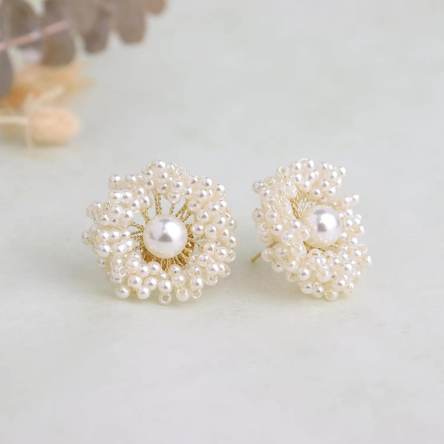 JeanBeau Cubic Zirconia Pearl Snowflake Sunshine Stud Earrings for Women, Statement Sparkly Cluster Rhinestone CZ Round Hypoallergenic Studs Prom Wedding Holiday Fashion Jewelry Gift