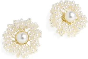 JeanBeau Cubic Zirconia Pearl Snowflake Sunshine Stud Earrings for Women, Statement Sparkly Cluster Rhinestone CZ Round Hypoallergenic Studs Prom Wedding Holiday Fashion Jewelry Gift