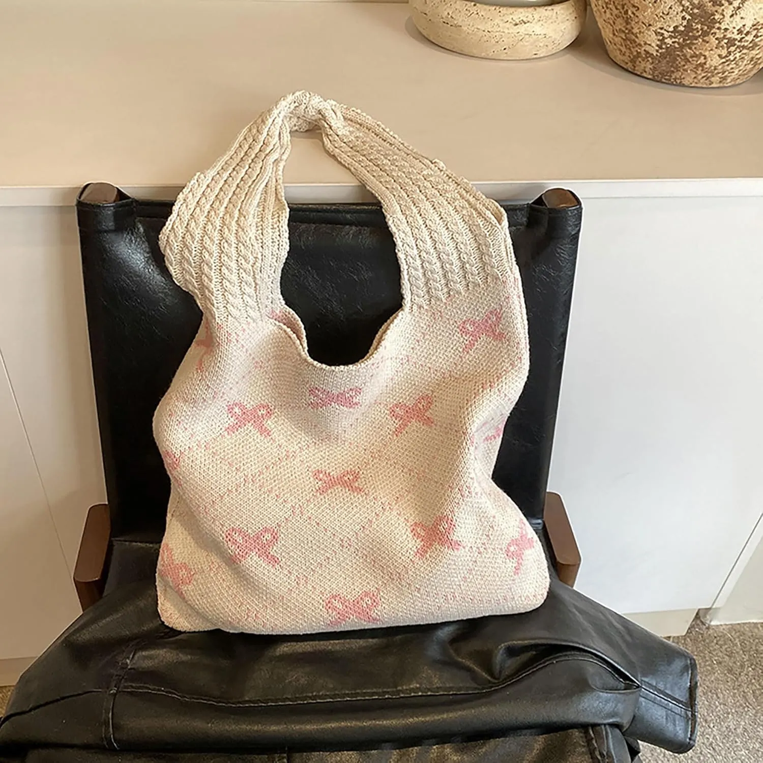 JeVenis Pink Crochet Tote Coquette Bow Aesthetic Hobo Bag for Women Beach Mesh Knitted Shoulder Bag Boho Shoulder Handbag