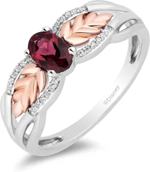 Jewelili Enchanted Disney Fine Jewelry Sterling Silver and 10K Rose Gold 6x4 MM Oval Shape Rhodolite Garnet and Natural White Round Diamond Accents Anna Wheat Ring