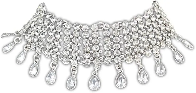 Joygulls Sexy Shining Crystal Full Rhinestone Choker Necklace Water Drop Pendant Necklace Statement Necklaces Wide Collar Necklaces for Lady Party Jewelry (Silver)