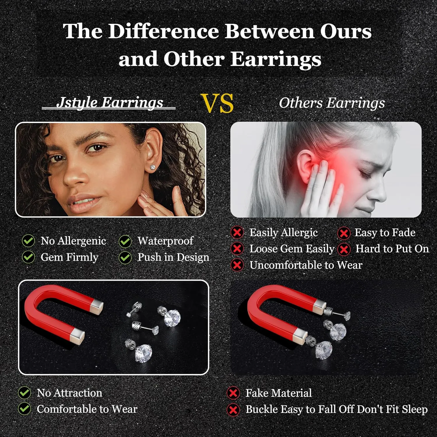 Jstyle Threadless Flat Back Earrings,Hypoallergenic Surgical Steel Earrings for Sensitive Ears, Cubic Zirconia Silver Stud Earrings Set for Cartilage