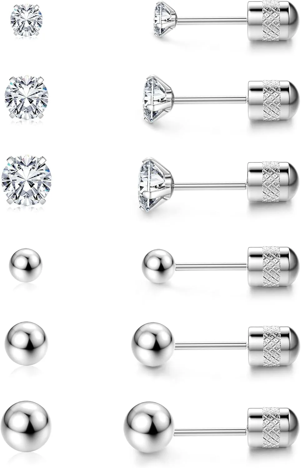 Jstyle Threadless Flat Back Earrings,Hypoallergenic Surgical Steel Earrings for Sensitive Ears, Cubic Zirconia Silver Stud Earrings Set for Cartilage