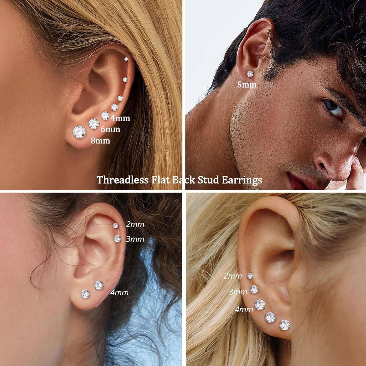 Jstyle Threadless Flat Back Earrings,Hypoallergenic Surgical Steel Earrings for Sensitive Ears, Cubic Zirconia Silver Stud Earrings Set for Cartilage