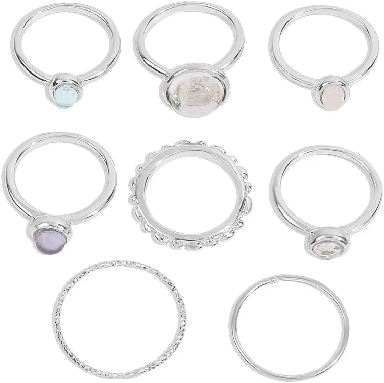 Jumwrit Boho Knuckle Rings Set Dainty Twist Ring Colourful Resin Ring 8 Pcs Stackable Finger Rings Midi Rings for Women (Silver)