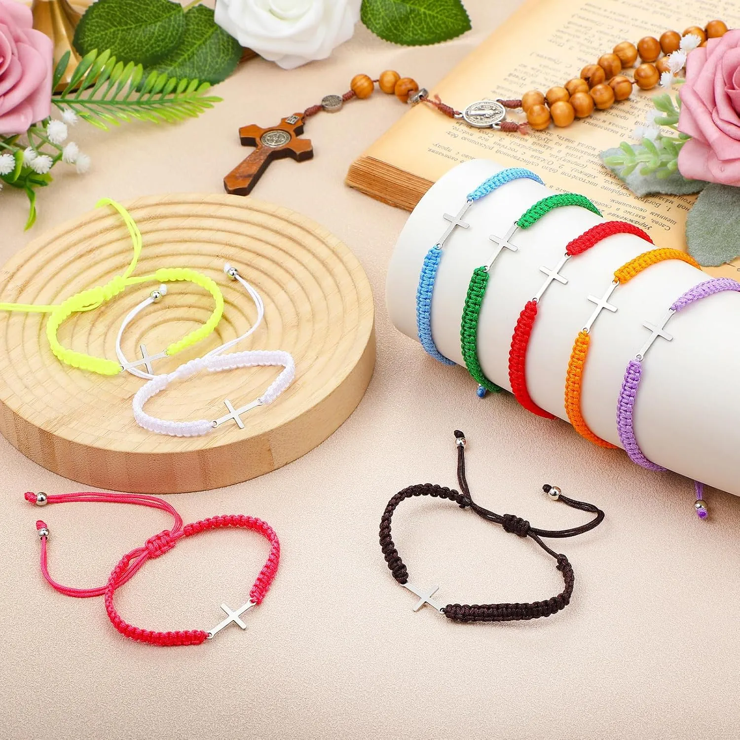 Junkin 50 Pcs Cross Bracelet Bulk Christian Religious Friendship Jesus Adjustable Bracelet Rope Cord Braided Promise Jewelry gift for Women Men