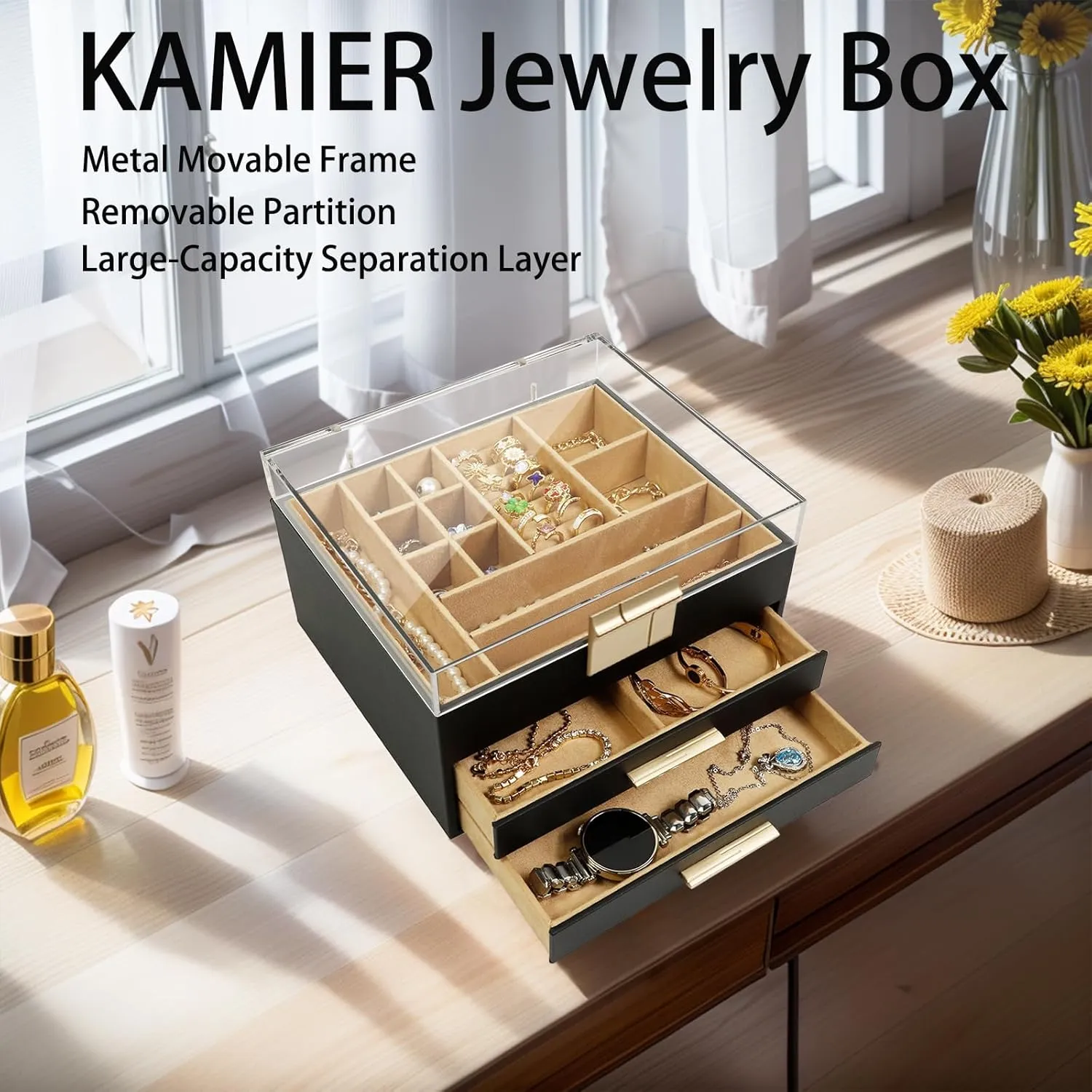 KAMIER Jewelry Box for Women, Acrylic Lid Jewelry Organizer with 2 Drawers for Necklaces Rings Earrings Bracelets, Jewelry Storage, Wedding Gifts, Black