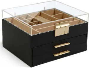 KAMIER Jewelry Box for Women, Acrylic Lid Jewelry Organizer with 2 Drawers for Necklaces Rings Earrings Bracelets, Jewelry Storage, Wedding Gifts, Black