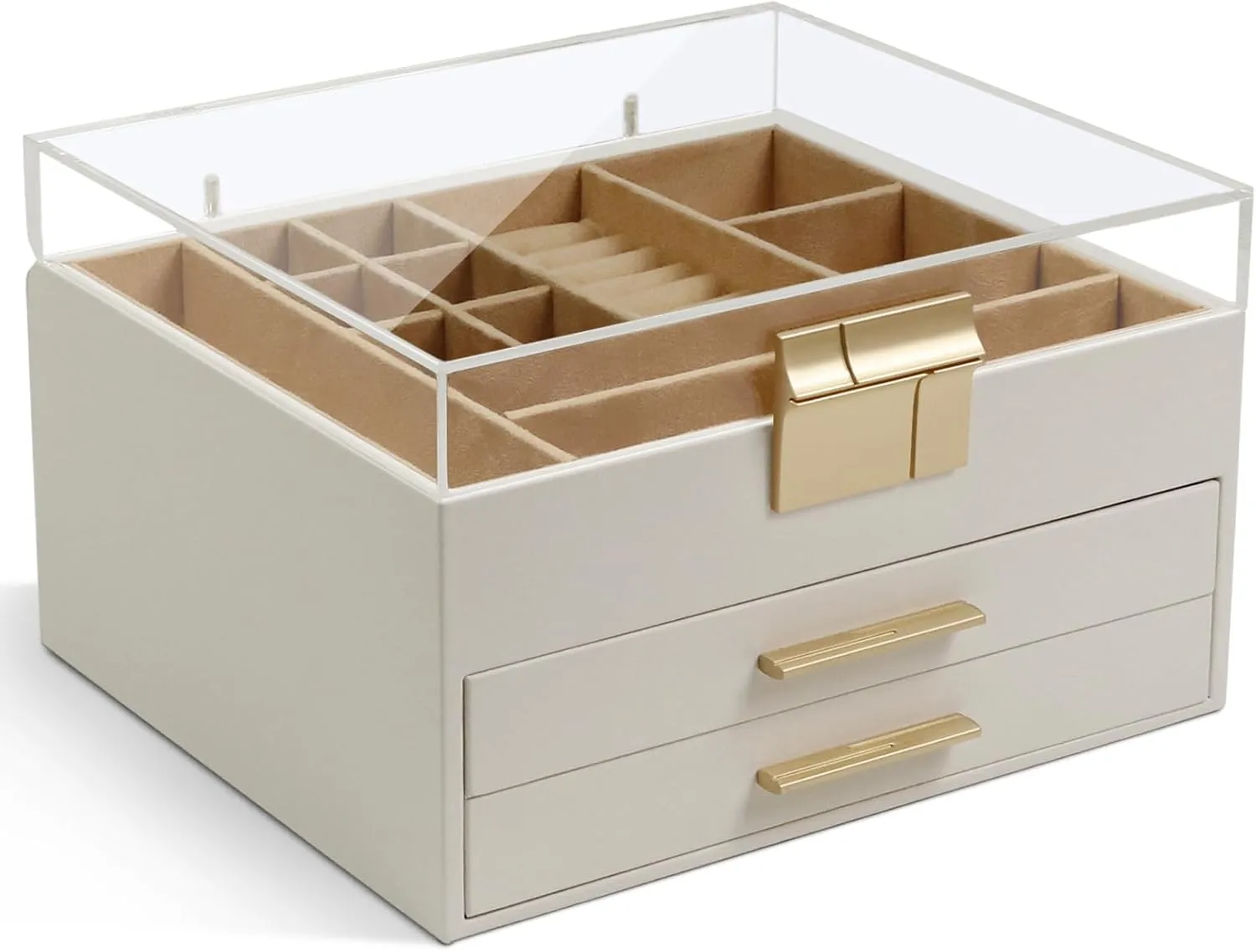 KAMIER Jewelry Box with Acrylic Lid, 3-Layer Jewelry Organizer, 2 Drawers, for Big and Small Jewelry, Earrings, Rings, Necklaces, Bracelets - Gift for Women and Girls, White