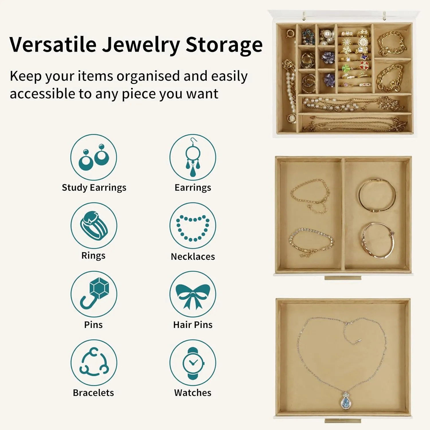 KAMIER Jewelry Box with Acrylic Lid, 3-Layer Jewelry Organizer, 2 Drawers, for Big and Small Jewelry, Earrings, Rings, Necklaces, Bracelets - Gift for Women and Girls, White