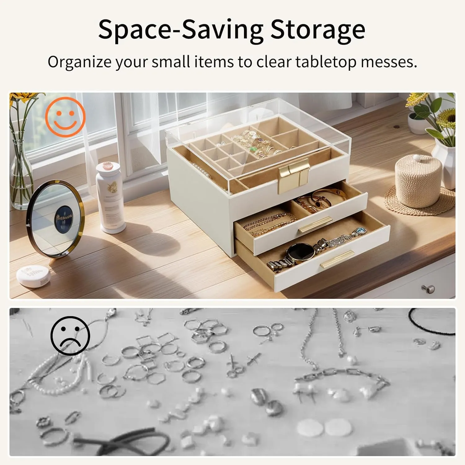 KAMIER Jewelry Box with Acrylic Lid, 3-Layer Jewelry Organizer, 2 Drawers, for Big and Small Jewelry, Earrings, Rings, Necklaces, Bracelets - Gift for Women and Girls, White