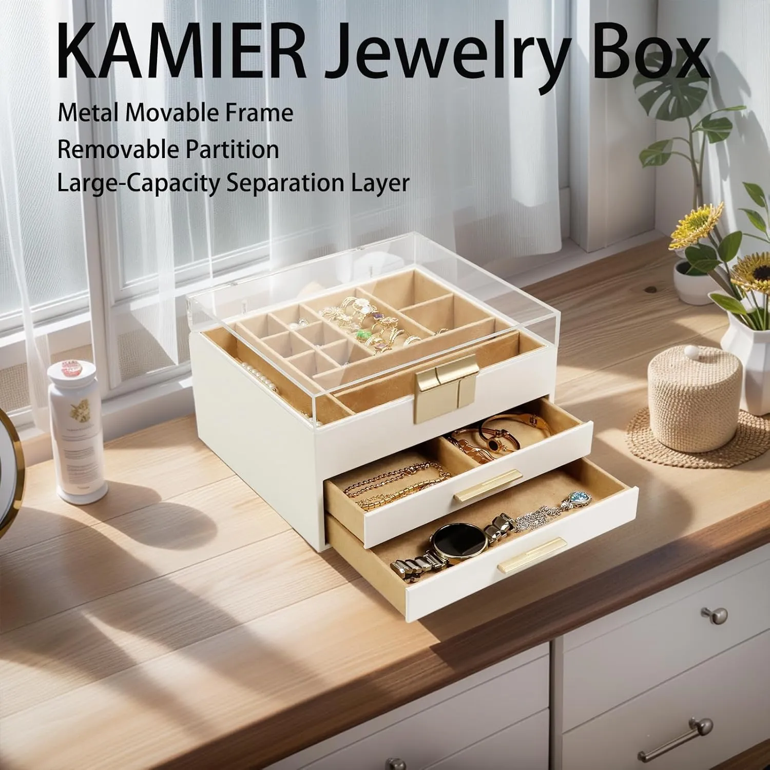 KAMIER Jewelry Box with Acrylic Lid, 3-Layer Jewelry Organizer, 2 Drawers, for Big and Small Jewelry, Earrings, Rings, Necklaces, Bracelets - Gift for Women and Girls, White