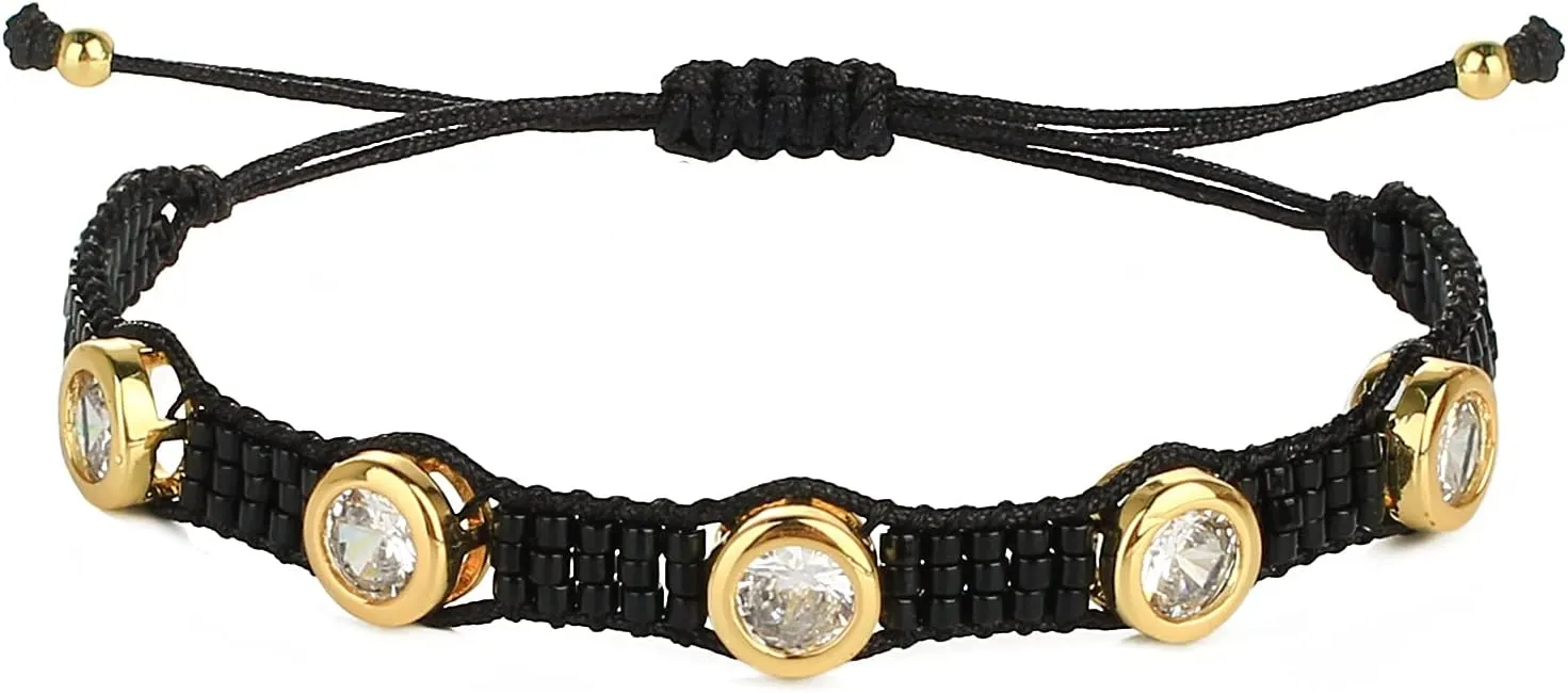 KELITCH Crystal Nail Miyukyi Beads Wax Rope Bracelets Friendship Bracelets for Women New Summer Charm Bracelets (Black B)