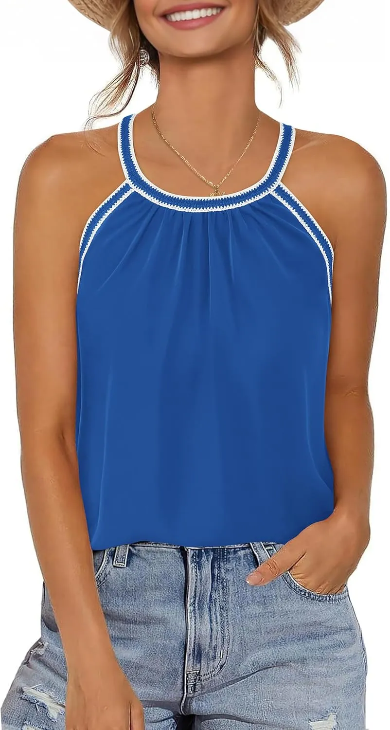 KIRUNDO Halter Tops for Women 2025 Summer Pleated Tank Top Boho Casual Camisole Sleeveless Shirts Beach Vacation Clothes