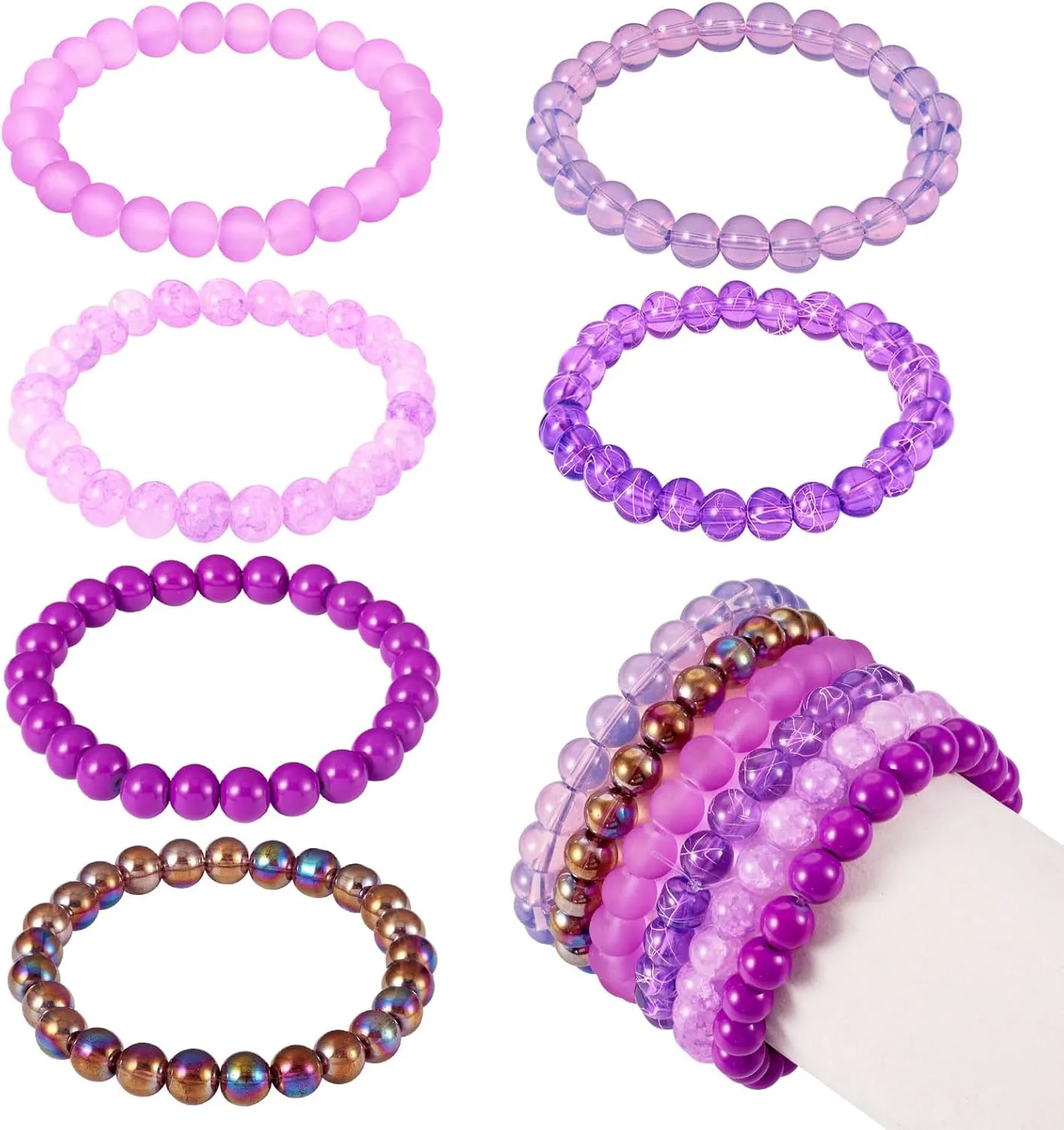 KISSITTY 6pcs 8mm Glass Crystal Bracelets Beaded Stretch Bracelet Sets Purple Color Adjustable Friendship Bracelets for Women Graduation Valentine Party Gift