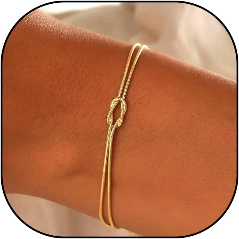 Knot Bracelets For Women 14K Real Gold Plated Love Knot Bracelet Adjustable Gold Bracelets for Women Dainty Snake Chain Infinity Forever Friendship Relationship Bracelets for Women Jewelry Gifts