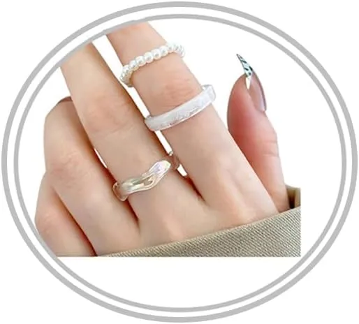 Knuckle Pearl Rings Set for Women iridescent Resin Wave Rings Pearl Beaded Rings Stackable Plastic Rings Frosted Glass Beads Ring Cute Acrylic Rings Jewelry 3 Pcs