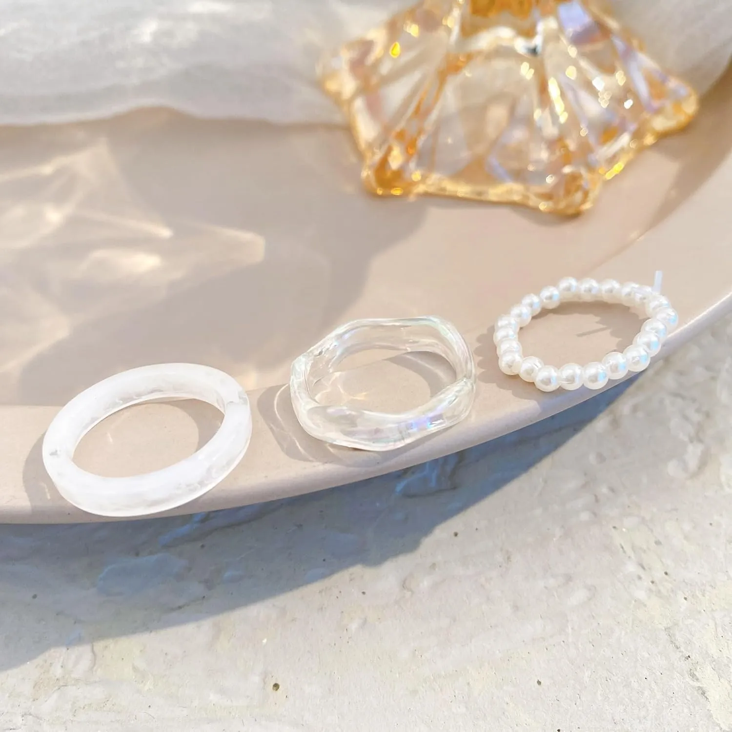Knuckle Pearl Rings Set for Women iridescent Resin Wave Rings Pearl Beaded Rings Stackable Plastic Rings Frosted Glass Beads Ring Cute Acrylic Rings Jewelry 3 Pcs