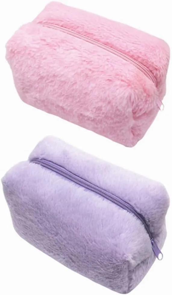 Kopida 2Pcs Plush Makeup Bag Cosmetic Bag for Women, Zipper Medium Solid Color Travel Toiletry Bag Cute Soft Make Up Bag Storage Pouch Pencil Case