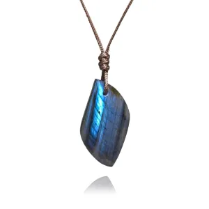 Labradorite Necklace, Natural Grey Moonstone Necklace for Boho Necklace, Handmade Wax Cord Leaf Shape Labradorite Stone Jewelry for Unisex. (Labradorite)
