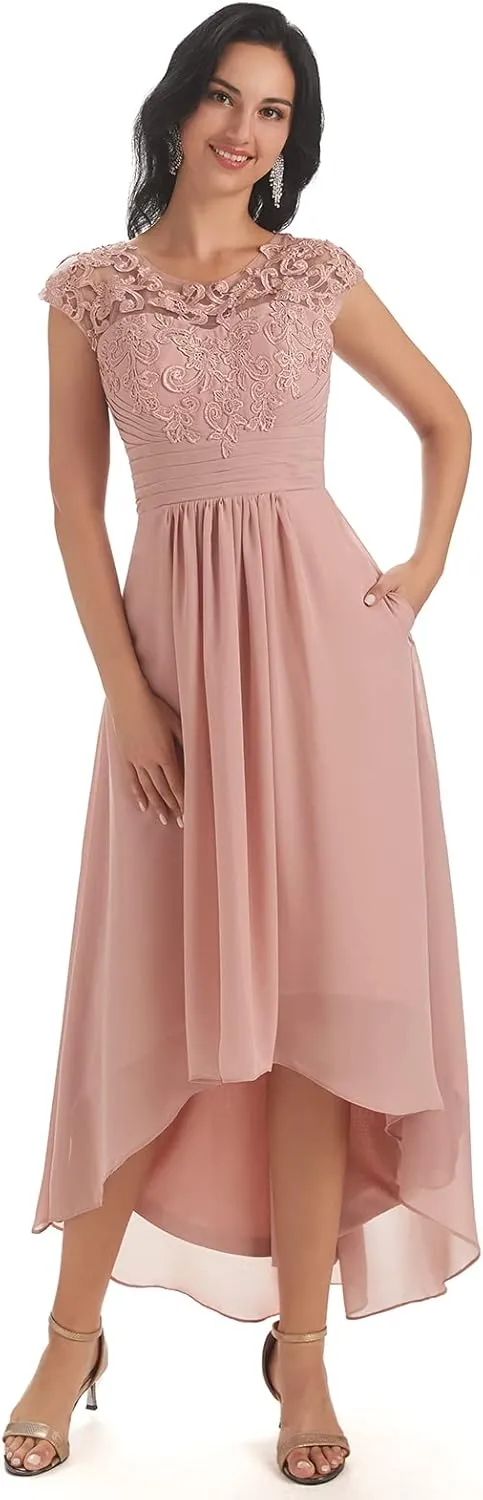 Lace Appliques Mother of The Bride Dress Chiffon?High Low Crew Neck Wedding Guest Dresses with Pockets