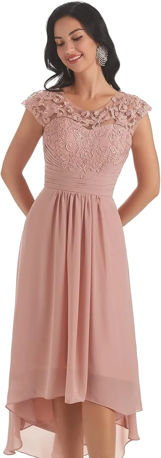 Lace Appliques Mother of The Bride Dress Chiffon?High Low Crew Neck Wedding Guest Dresses with Pockets